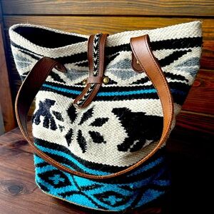 Bear print bag with snap close & leather latch. Excellent condition.